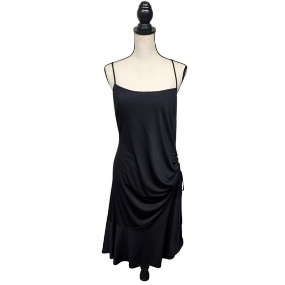 BCBG Asymmetric Slip Dress Size Large Ruched Party Clubwear Black Midi Y2K - Picture 1 of 5